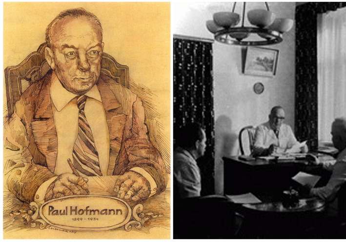 Zeichnung und Foto des ehemaligen Inhabers Paul Hofmann.
